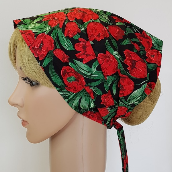 Self tie hair scarf for women , extra wide cotton head scarf, red tulip print hair covering, floral bandanna