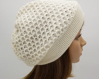 Handmade Alpaca Beret, Off White Knitted Tam, Winter Beanie