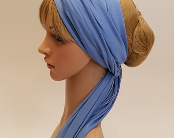 Dreadlocks-Haarwickel, blauer Kopfwickel, extra langes Stirnband, dehnbares Haargummi, Viskose-Jersey-Kopftuch, selbstbindendes Kopftuch, 250 x 30 cm