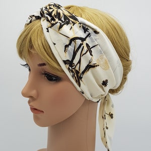 Cream Black Gold Floral Head Scarf – Lightweight Polyester Chiffon, Self-Tie 170cm x 10cm, Handmade Hair Wrap