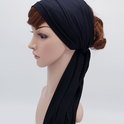 Black Headband Self Tie Wide Head Scarf Stretchy Hair Tie Etsy