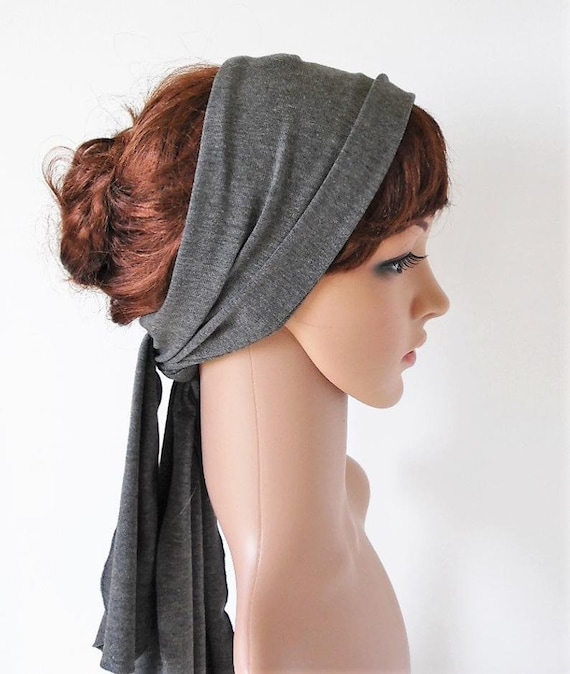 Grey Stretchy Head Scarf Viscose Jersey Hair Wrap Hair Bandanna