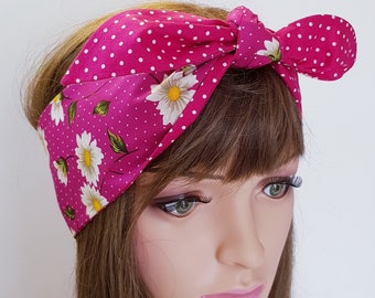 Floral pin up style headband tie up rockabilly head wrap top tie scarf reversible headband 50's hair scarf dolly bow