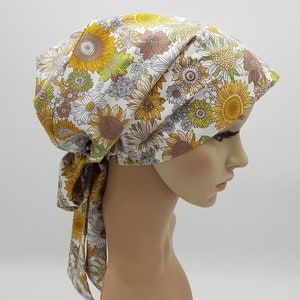 Floral hair covering, cotton head wear for women, elasticated bonnet with long ties, head snood, tichel, chef's cap, nurse hat