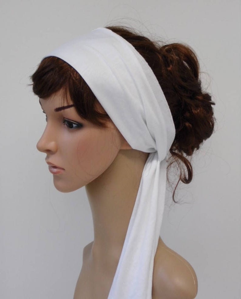 Bandeau blanc, cravate extensible, foulard auto-attaché, foulard dété, bandana à cheveux, foulard de jour pour mauvais cheveux, 150 x 17 cm image 3