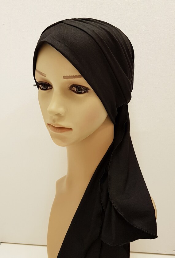 Black turban, full head cover with ties, turban snood, viscose jersey head  scarf, chemo head wear - Main Image