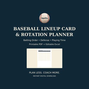 May include: A digital baseball lineup card and rotation planner featuring a baseball graphic with the text DugoutFlow. The document includes sections for batting order, defence, and playing time, available as a printable PDF and editable Excel file.
