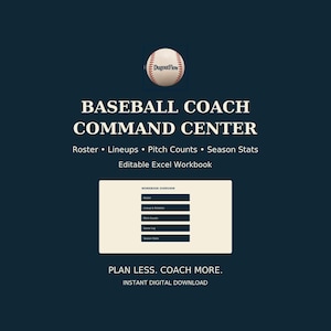 Könnte beinhalten: Eine digitale Baseball Coach Command Center Arbeitsmappe auf dunkelblauem Hintergrund. Sie zeigt eine Baseball-Grafik mit dem Text DugoutFlow, den Titel BASEBALL COACH COMMAND CENTER und eine Liste: Roster, Lineups, Pitch Counts, Season Stats.