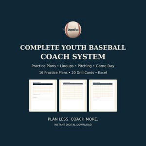 May include: A digital youth baseball coach system featuring a baseball graphic with the text DugoutFlow, Complete Youth Baseball Coach System, Practice Plans, Lineups, Pitching, Game Day, 16 Practice Plans, 20 Drill Cards, Excel, and Plan Less. Coach More.