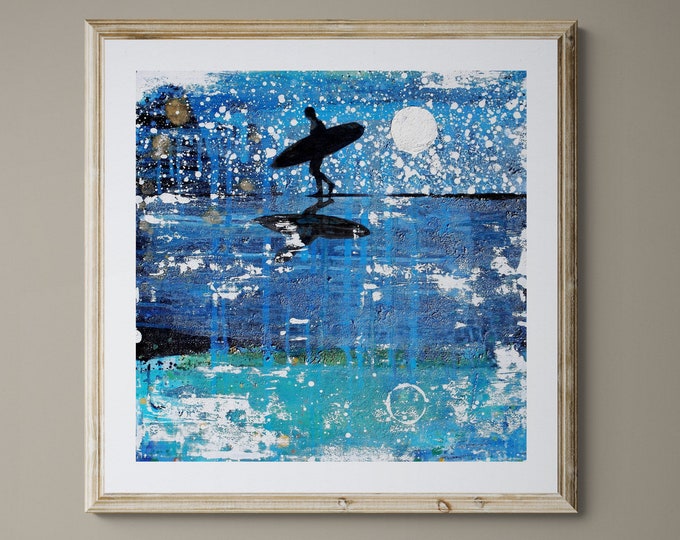 Surf Art, Surfer Print, Wall Decor, Gift for Him, Husband Gift, Ocean, Moon, Stars, Night Sky, Print of Painting Worlds Within Worlds
