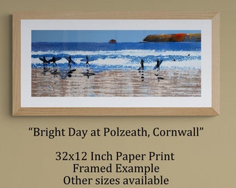 POLZEATH ART Cornwall Wall Decor Picture Surfing Seaside Ocean Beach Coast Prints By Cornish Artist Print Of Painting Bright Day At Polzeath