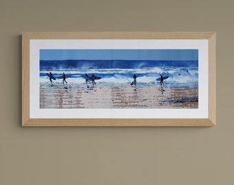 Surfer Print Of Cornwall Surfing Art Waves Ocean Sea Beach Sky Blue Newquay Polzeath Artist Print Of Surfers And Sea Spray In North Cornwall