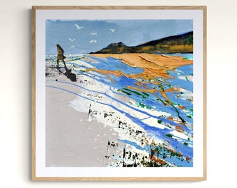 Cornwall Large Wall ART Print of Painting Crantock Beach Figure Walk Gull Blue Sea Waves Sky Calm Tranquil Woman Coastal Free Spirit Newquay