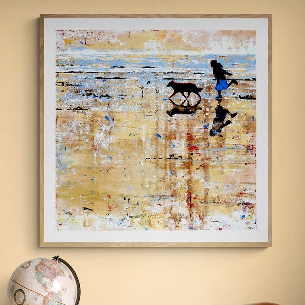Girl Beach Wall Art Decor Sea Dog Joyful Child Yellow Abstract Coastal Home Print of Painting On Golden Shores Locquirec Brittany France