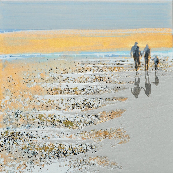 Beach Walk Art, Family Art, Gift For Home, Serene, Yellow, Daymer Bay Art, Cornwall Print of Painting Springtime Walk Daymer Bay Cornwall