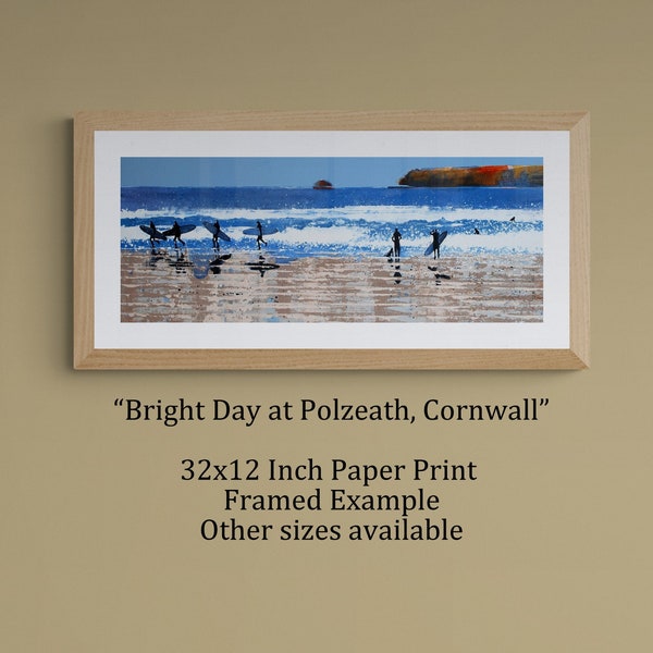 Polzeath Art Surfing Print Cornwall Surfers Blue Summer Coastal Home Decor Seaside Abstract Cornish Artist UK Print Of Painting Bright Day