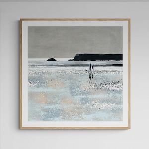 Camel Estuary Cornish Art Beach Walk Silhouette Muted Soft Colours Decor Couple Dog Print 16x16 inch Print Of Painting Silver Sands Winter