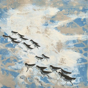 Coastal Bird Art, Bird Theme Gift, Gift For Home, Print of Watercolour Painting Sanderlings and Reflections Constantine Bay Cornwall No 2
