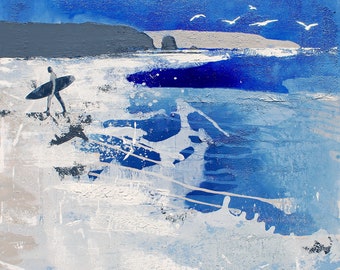 PRINT of Cornwall, Paintings of Cornwall, Cornish Art, Cornish Artist, Surfing, Blue, Coast, Print of Lone Surfer At Treyarnon Bay, Cornwall