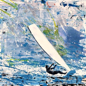 Sea Wall Art Windsurfing Wall Art, Watersport Sports Surfing Abstract Home Decor, Blue, Ocean, Figure, Waves Print of Painting of Windsurfer