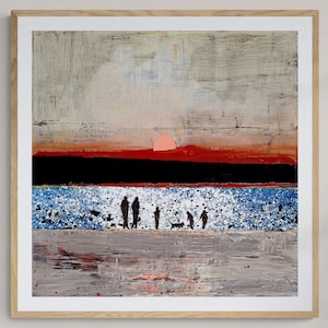 Beach Art Print, Print of Family, Sunset Print, Cornwall, Summer Beach Family Group with Dog, Print Of The Summer Life At Rock In Cornwall