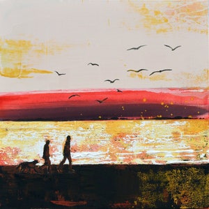 Cornwall Sunset Art, grandi stampe, Pink Beach Art, Couple Art, Dog, Padstow Cornwall Art, Cornish Artist Prints on Paper, Made in England UK