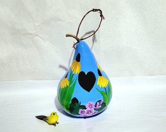 Painted Daisy Gourd Birdhouse: Heart Entrance, Summer Blue
