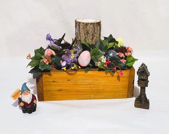 Rustic Spring Centerpiece with Wood Box and Log Candle; Easter Centerpiece