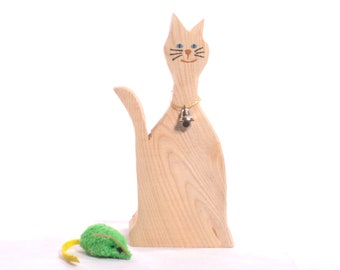 Rustic Log Cat; Wooden Cat with Bell; Live Edge Log Cat