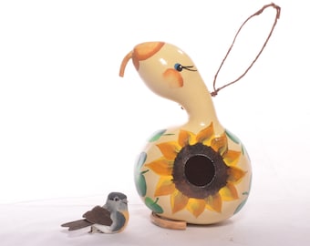 Goose Gourd Birdhouse with Hand Painted Sunflower, Hand Painted Swan Gourd with Sunflower