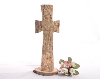 Natural Log Wood Cross with Bark, Standing Wood Cross