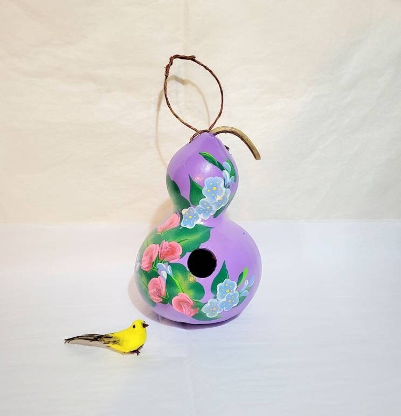 Decorative Bottle Gourd Birdhouse Hand With Red Roses and Summer Flowers image 1