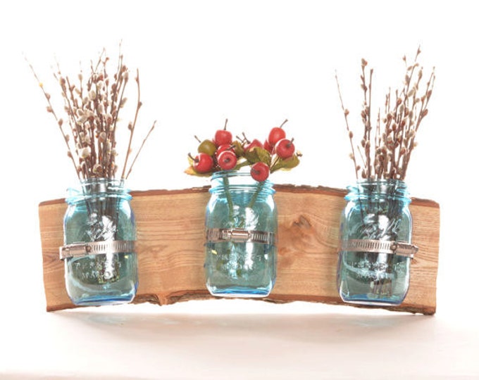 Rustic Mason Jar Wall Hanger Planter Wall Organizer Triple Etsy
