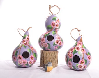 Pink Cherry Blossom Gourd Birdhouse; Hand painted martin house gourd birdhouse, Decorative gourd birdhouse