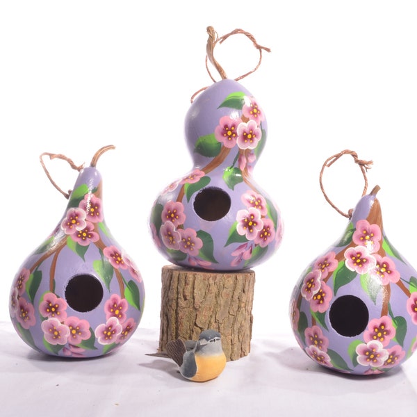 Pink Cherry Blossom Gourd Birdhouse; Hand painted martin house gourd birdhouse, Decorative gourd birdhouse