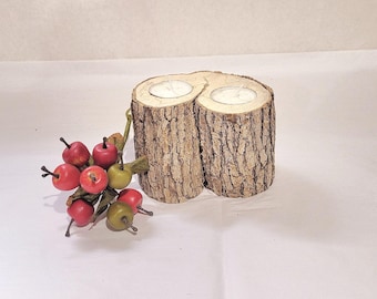 Rustic Double Log Candle, Woodland Candle Holder