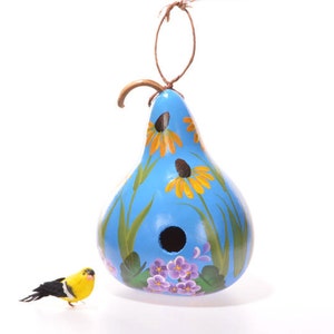 Painted yellow daisy flowered gourd birdhouse, natural gourd birdhouse, decorative gourd art, home decor