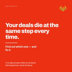 Peut inclure: Une publicité graphique rouge vif avec une icône de phénix doré et le texte : PKD REBIRTH, Your deals die at the same step every time. Find out which one — and fix it. A 15-step process written by someone still doing the job. Guide the Buyer.