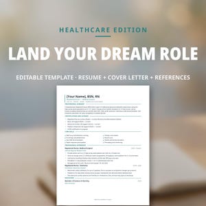 以下が含まれることがあります： 医療専門家向けの編集可能な履歴書テンプレート。HEALTHCARE EDITION、LAND YOUR DREAM ROLE、EDITABLE TEMPLATE、RESUME + COVER LETTER + REFERENCESというテキストが含まれています。ドキュメントには、専門的な要約、認定資格、スキル、経験のセクションがあります。