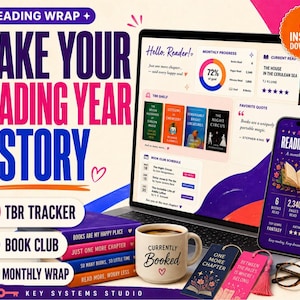 May include: A digital reading tracker displayed on a laptop and smartphone screen, featuring book covers, progress charts, and reading schedules. A stack of purple books, a mug labeled Currently Booked, two bookmarks, and glasses are in the foreground.
