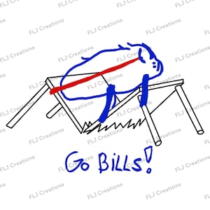 May include: A digital line drawing featuring a blue buffalo-shaped figure with a red stripe across its back, positioned above a folding table with four legs. The text "Go Bills!" is written in blue below the table on a plain white background.