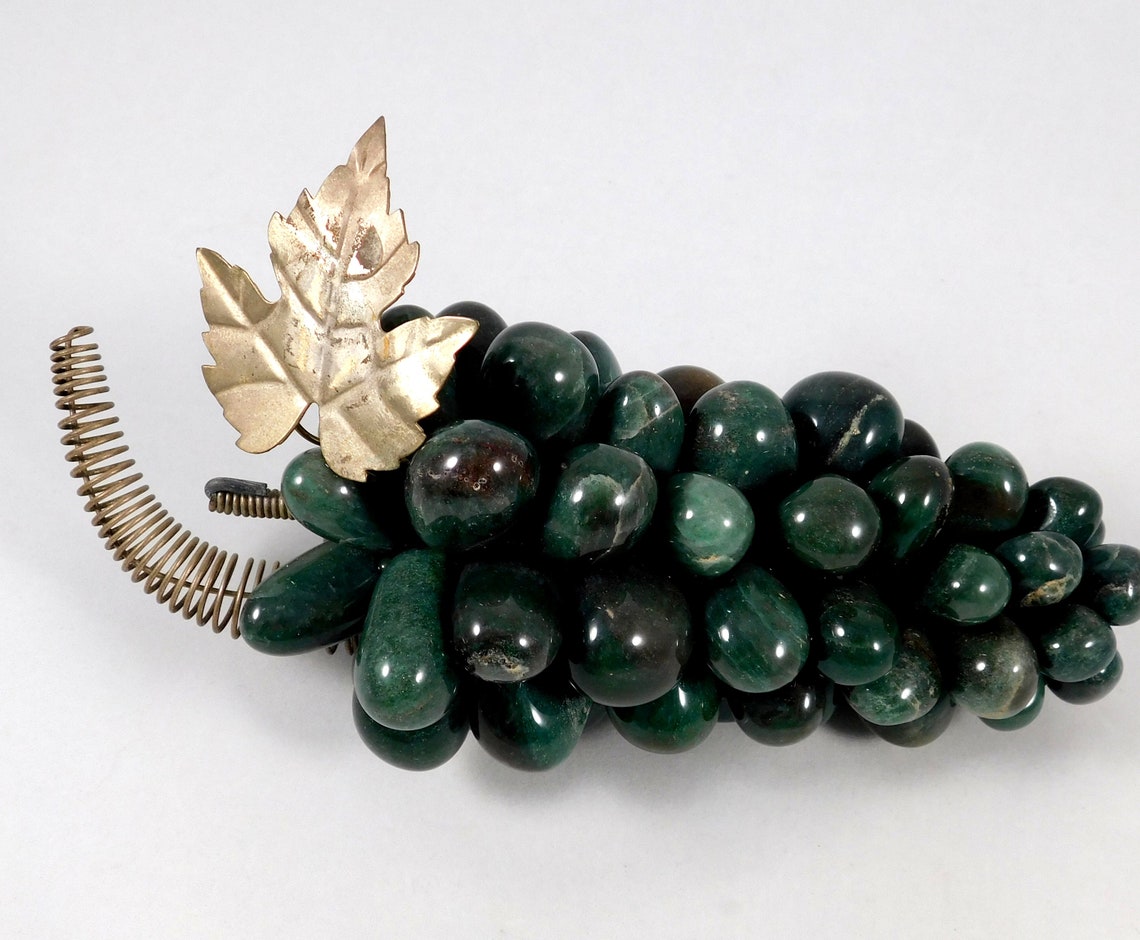 Vintage Green Stone Grape Bunch Metal Stem and Leaf Mid Etsy
