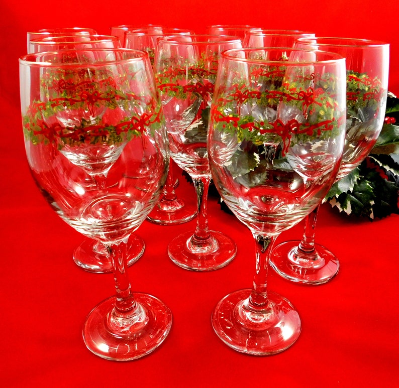 10 Libbey Christmas Wine Glasses with Holly & Red Ribbon 10 Etsy