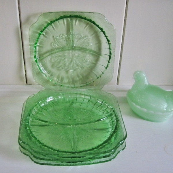 ADAM Grill Divided Plates Janette Glass Green Depression Glass 1932 -1934 Three (3) available plates