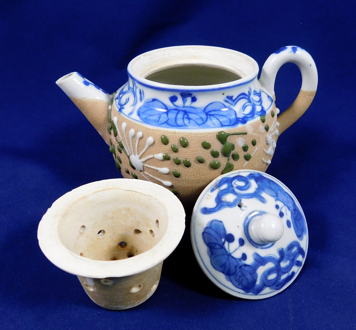 Vintage Japanese Banko Teapot Leaf Basket Raised Enamel Etsy