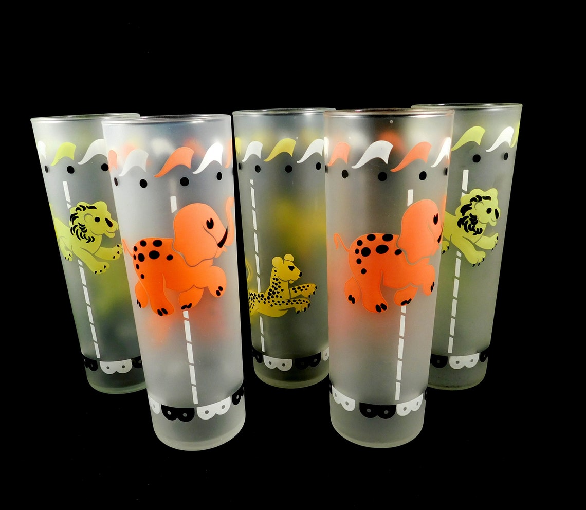 Vintage Libbey Glasses Frosted Merry Go Round Circus Animals Etsy