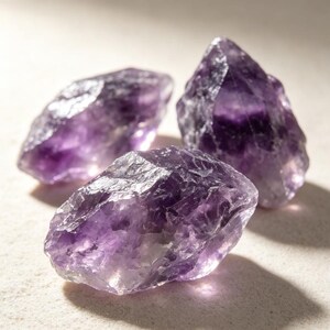 May include: Three raw amethyst crystals with deep purple and translucent violet hues. Each stone features jagged, natural edges and a crystalline structure with varying levels of transparency, reflecting light across their uneven, multifaceted surfaces.