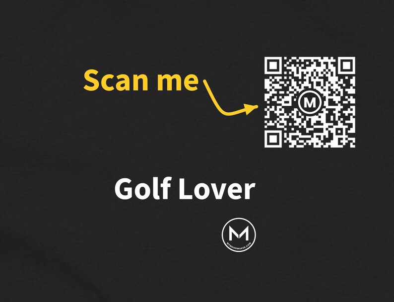 May include: A black fabric surface featuring the white text Golf Lover, a yellow arrow pointing to a square QR code with a central M logo, the yellow text Scan me, and a small circular logo with the letter M and text below it.