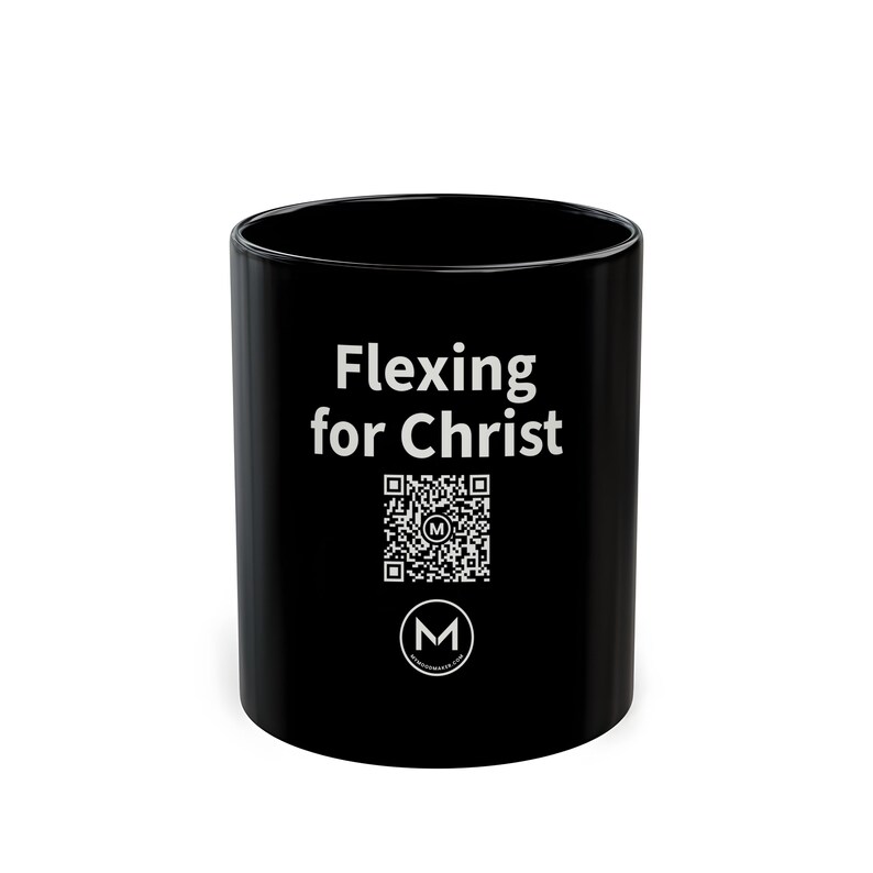 Scannable Mug | Flexing for Christ | Scan QR for a New Daily Mood Message | 11 Oz Black Coffee Mug Christian Gift for Church Friend image 1