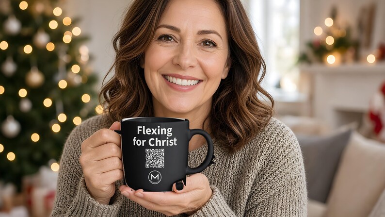 Scannable Mug | Flexing for Christ | Scan QR for a New Daily Mood Message | 11 Oz Black Coffee Mug Christian Gift for Church Friend image 3